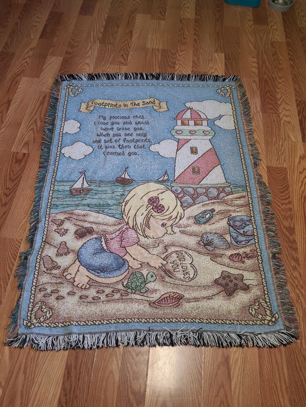 Vintage Precious Moments Footprints in Sand Woven Tapestry Blanket Northwest USA